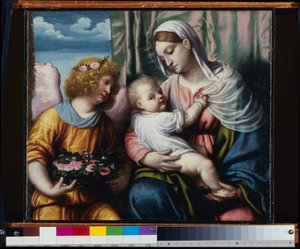 Madonna con Niño y un Ángel de Alessandro Bonvicino Moretto