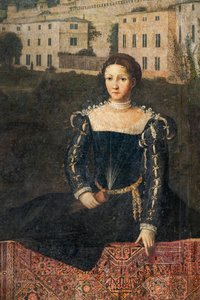 Retrato de una mujer de la nobleza, detalle de la Pequeña Sala de las Damas Nobles (óleo sobre lienzo pegado a las paredes) de Alessandro Bonvicino Moretto
