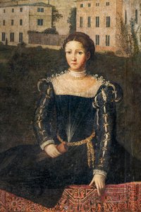 Retrato de una mujer de la nobleza, detalle de la Pequeña Sala de las Damas Nobles (óleo sobre lienzo pegado a las paredes) de Alessandro Bonvicino Moretto