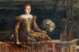 Retrato de una mujer de la nobleza, detalle de la Pequeña Sala de las Damas Nobles (óleo sobre lienzo pegado a las paredes) de Alessandro Bonvicino Moretto