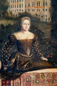 Retrato de una mujer de la nobleza, detalle de la Pequeña Sala de las Damas Nobles (óleo sobre lienzo pegado a las paredes) de Alessandro Bonvicino Moretto