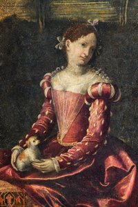 Retrato de una mujer de la nobleza, detalle de la Pequeña Sala de las Damas Nobles (óleo sobre lienzo pegado a las paredes) de Alessandro Bonvicino Moretto