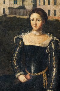 Retrato de una mujer de la nobleza, detalle de la Pequeña Sala de las Damas Nobles (óleo sobre lienzo pegado a las paredes) de Alessandro Bonvicino Moretto