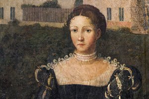 Retrato de una mujer de la nobleza, detalle de la Pequeña Sala de las Damas Nobles (óleo sobre lienzo pegado a las paredes) de Alessandro Bonvicino Moretto