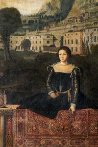 Retrato de una mujer de la nobleza, detalle de la Pequeña Sala de las Damas Nobles (óleo sobre lienzo pegado a las paredes) de Alessandro Bonvicino Moretto
