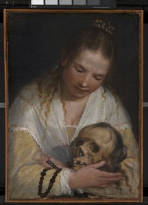 Una joven contemplando un cráneo de Alessandro Casolani