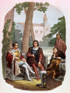 Fabrizio Colonna y Cosimo Rucellai discuten sobre el arte de la guerra - en "Obras Completas de Nicolás Maquiavelo", ilustración de Alessandro Focosi (1836 - 1869). "El arte de la guerra" de Nicolás de Maquiavelo de Alessandro Focosi