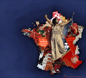 Una mariana sobre un fondo de collage comunista. Alegoría del comunismo en Francia. 2010 Dibujo en color de Alessandro Lonati. de Alessandro Lonati