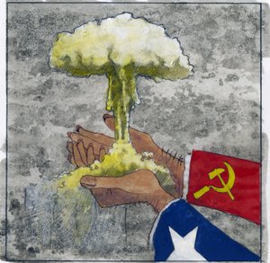 Representación alegórica de la guerra fría como manos americanas y soviéticas sosteniendo la nube atómica Ilustración de Alessandro Lonati