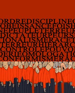Alegoría del peso de la dictadura, la represión, la disciplina sobre el hombre, la multitud aplastada por el poder y el miedo a los tiranos - Ilustración 2014 de Alessandro Lonati