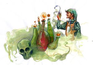 Un alquimista en su laboratorio rodeado de frascos y alambiques examinando el contenido de un frasco (alquimista en su laboratorio rodeado de frascos y alambiques) de Alessandro Lonati