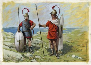 Antigua Grecia: mercenario tureóforo (Thureophoros o Thureophoroi) (siglos III-I a.C.) (derecha) y torakitas (Thorakitai) (izquierda). Dibujo de Alessandro Lonati