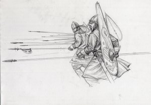 Carga de guerreros normandos de infantería en la batalla de Hastings en 1066. Dibujo de Alessandro Lonati. de Alessandro Lonati