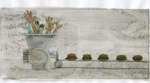 Sociedad de consumo: producción de comida basura, hamburguesa elaborada con restos humanos y animales (consumerism: production of Junk food, hamburger made with human and animal remains) Ilustración de Alessandro Lonati de Alessandro Lonati