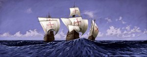 Descubrir América: la "Pinta", la "Nina" y la "Santa María", las carabelas de Cristóbal Colón durante la expedición de 1492. Ilustración de Alesandro Lonati. 2010 de Alessandro Lonati