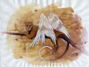 Criatura fabulosa: representación de una quimera, animal fantástico con cabeza de león, cuerpo de cabra y cola de serpiente. Dibujo de Alessandro Lonati de Alessandro Lonati
