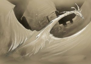 Criatura fantástica: un dragón volando sobre la torre de un castillo Dibujo de Alessandro Lonati de Alessandro Lonati