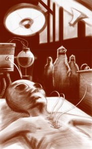 Criatura fantástica: un alienígena sometido a pruebas de laboratorio. Ilustración de Alesandro Lonati. 2010