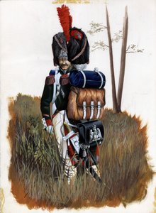 Primer Imperio (1804-1814 y 1815): Soldados granaderos de la Guardia Real del Gran Armee Napoleónico en Italia. Dibujo de Alessandro Lonati