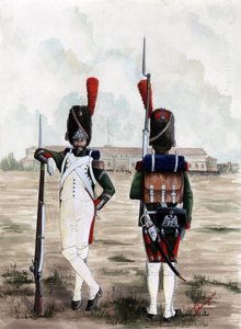 Primer Imperio (1804-1814 y 1815): Soldados granaderos de la Guardia Real del Gran Armee Napoleónico en la plaza del castillo Sforzesco de Milán, Italia. Dibujo de Alessandro Lonati