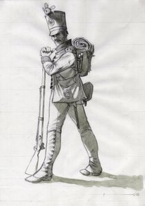 Primer Imperio (1804-1814 y 1815): traje de un soldado de infantería de la infantería de línea del ejército austrohúngaro (austrohúngaro). Dibujo de Alessandro Lonati
