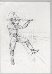 Primer Imperio (1804-1814 y 1815): soldado de alto rango del gran ejército napoleónico francés en observación con vista larga (long view). Dibujo inacabado de Alessandro Lonati. de Alessandro Lonati