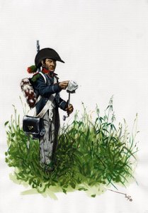 Primer Imperio (1804-1814 y 1815): soldado cazador de infantería del gran ejército napoleónico francés. Dibujo de Alessandro Lonati