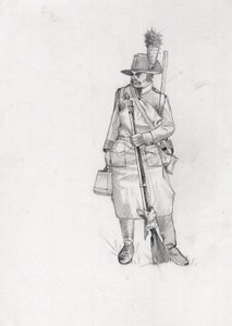 Primer Imperio (1804-1814 y 1815): soldado del ejército austro-húngaro, sapeur (o pionero). Dibujo de Alessandro Lonati