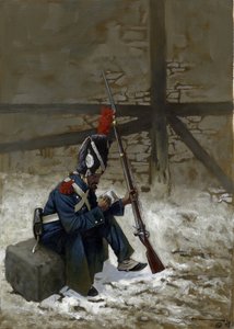Primer Imperio: Granadero de la Guardia con abrigo sentado en la nieve. Dibujo de Alessandro Lonati