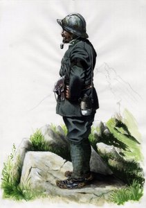 Primera Guerra Mundial 1914-1918: Oficial cazador alpino del ejército italiano en el Front des Alpes. Dibujo de Alessandro Lonati de Alessandro Lonati
