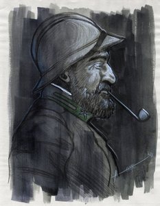 Primera Guerra Mundial 1914-1918: Retrato de perfil de un soldado del ejército italiano fumando en pipa en 1915. Dibujo de Alessandro Lonati