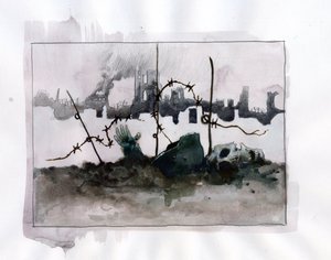 Primera Guerra Mundial: Alegoría bélica con casco de calavera en las barbas sobre fondo de ruinas Dibujo en color de Alessandro Lonati de Alessandro Lonati