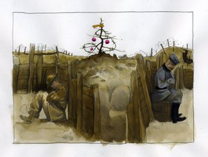 Primera Guerra Mundial: la soledad de dos soldados enemigos, británico (izquierda) y alemán en la trinchera, en Navidad de 1914-1918 Ilustración de Alessandro Lonati de Alessandro Lonati