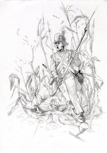 Primer imperio (1804-1814 y 1815): soldado del ejército napoleónico, soldado de infantería asalta un campo de maíz con un camarada herido. Dibujo de Alessandro Lonati de Alessandro Lonati