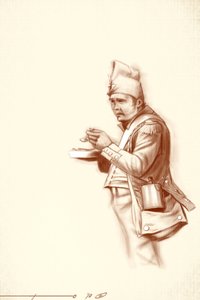 Primer imperio: soldado de infantería ligera durante la comida en una campaña de Napoleón I (probablemente en Rusia) Principios del siglo XIX. Ilustración de Alesandro Lonati. 2010