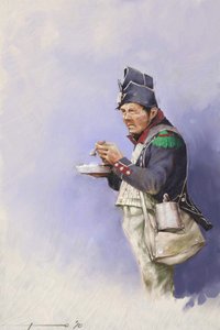 Primer imperio: soldado de infantería ligera durante la comida en una campaña de Napoleón I (probablemente en Rusia) Principios del siglo XIX. Ilustración de Alessandro Lonati. 2010