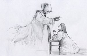 El fantasma de una monja anciana con las manos torcidas se aparece a una niña rezando Ilustración de Alessandro Lonati de Alessandro Lonati