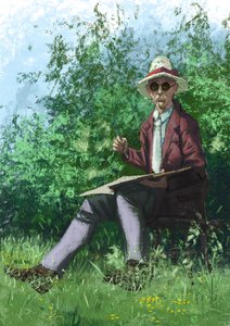Hermann Hesse pintando en el jardín de Alessandro Lonati