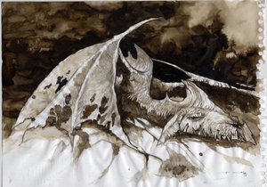 Ilustración de un animal fantástico y legendario: cadáver de dragón. Dibujo en color de Alessandro Lonati. de Alessandro Lonati