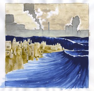Ilustración del mito de la isla desaparecida bajo el mar de la Atlántida (Atlantis): vista del mar agitado tras la erupción del volcán que inunda la legendaria isla. Dibujo en color de Alessandro Lonati.