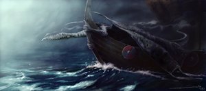 Criatura Legendaria: Dragón atacando a un drakkar (barco vikingo) Dibujo de Alessandro Lonati de Alessandro Lonati
