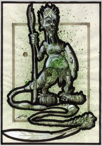 Monstruo legendario para ilustración de Fantasía: rostro de una criatura tribal o guerrero con lanza, escudo y cola de plumas. Dibujo de Alessandro Lonati de Alessandro Lonati