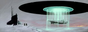 Encuentro en el Polo Norte entre un submarino U-boot y un platillo volante (OVNI, OVNI o extraterrestre) para la restitución de un submarino secuestrado por extraterrestres durante la guerra. Dibujo de Alessandro Lonati