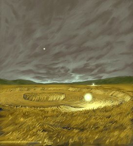 Fenómenos misteriosos: representación de la legendaria formación de los Crop Circles (agroglyph, crop circle o wheat circle) formas geométricas realizadas en campos de trigo que según ciertas teorías son obra de extraterrestres (OVNI u ovnis). Dibujo de Al