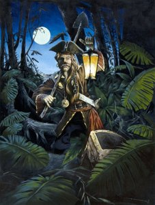 Pirata del Caribe con linterna, en la noche, escondiendo su tesoro en el bosque de una isla. Dibujo en color de Alessandro Lonati. de Alessandro Lonati