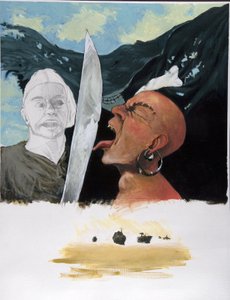 Retrato de un pirata (corsario) desafiando la espada de su adversario tocándole con la lengua con la bandera jolly roger al fondo. Abajo dibujo de estudio para barco fantasma (ghost ship). Dibujo en color de Alessandro Lonati.