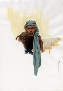 Retrato de un pirata (corsario) o marinero sentado a la luz del día. Dibujo en color de Alessandro Lonati.