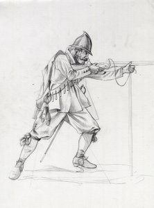Retrato de un soldado navío del siglo XVII poniéndose en posición de tiro. Dibujo de Alessandro Lonati. de Alessandro Lonati