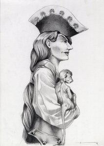 Retrato de perfil de una mujer pirata del Caribe (corsaria), con monito en brazos. Dibujo de Alessandro Lonati. de Alessandro Lonati