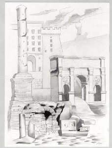 Ruinas de la época romana en Roma, Foro (foro romano) Dibujo de Alessandro Lonati.